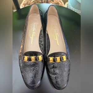 Salvatore Ferragamo Croc embossed leather loafers Black